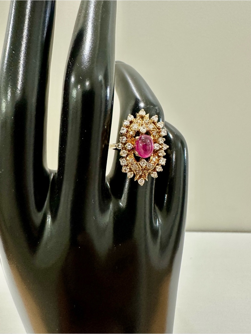 Estate Vintage Gold Starburst Cluster Ring Cabochon Ruby & Pavé Diamond
